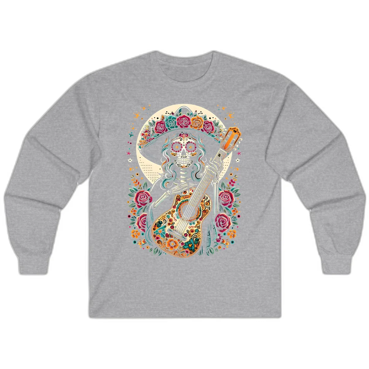 Calavera Guitarist with Floral Crown Long Sleeve in Sport Grey