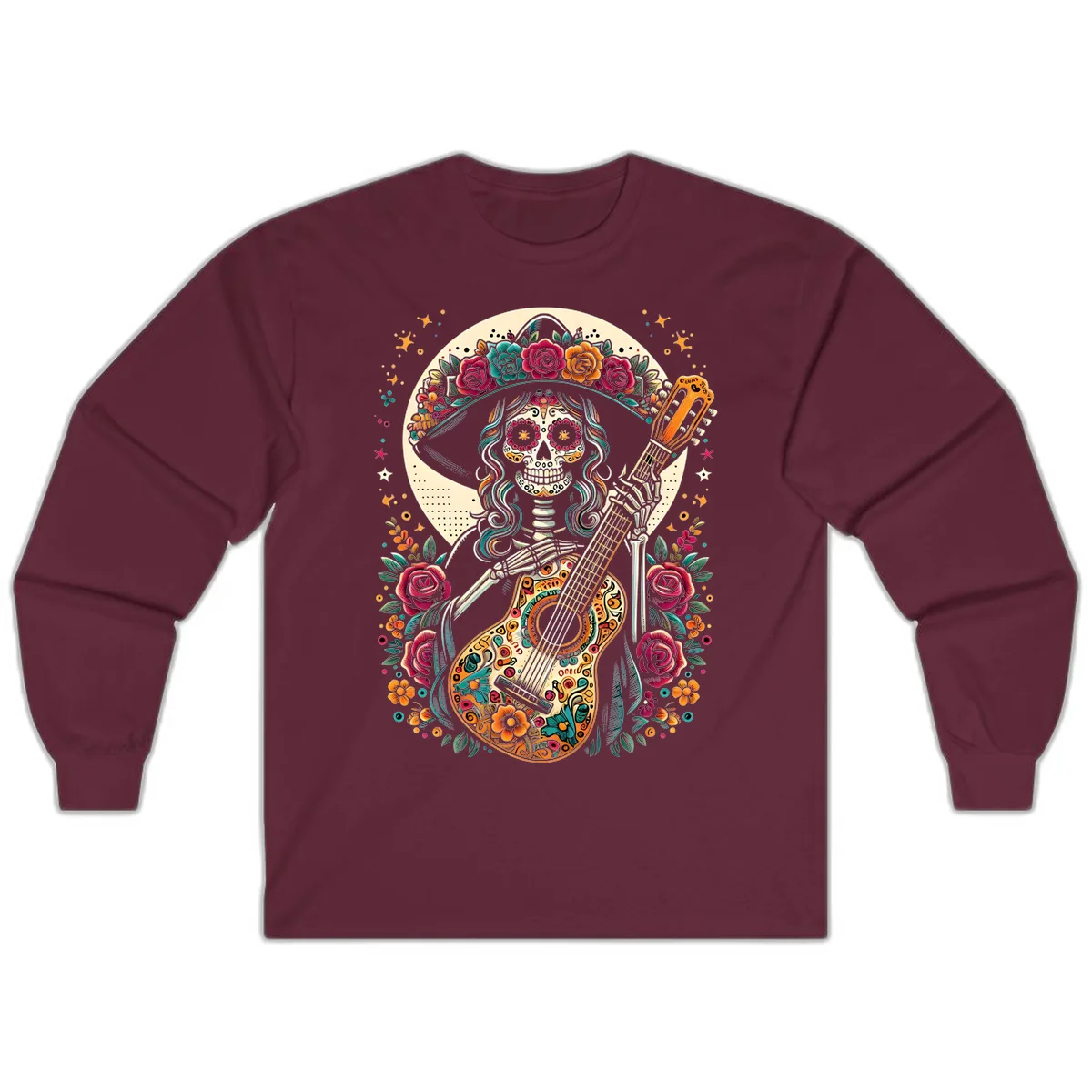 Calavera Guitarist with Floral Crown Long Sleeve in Maroon