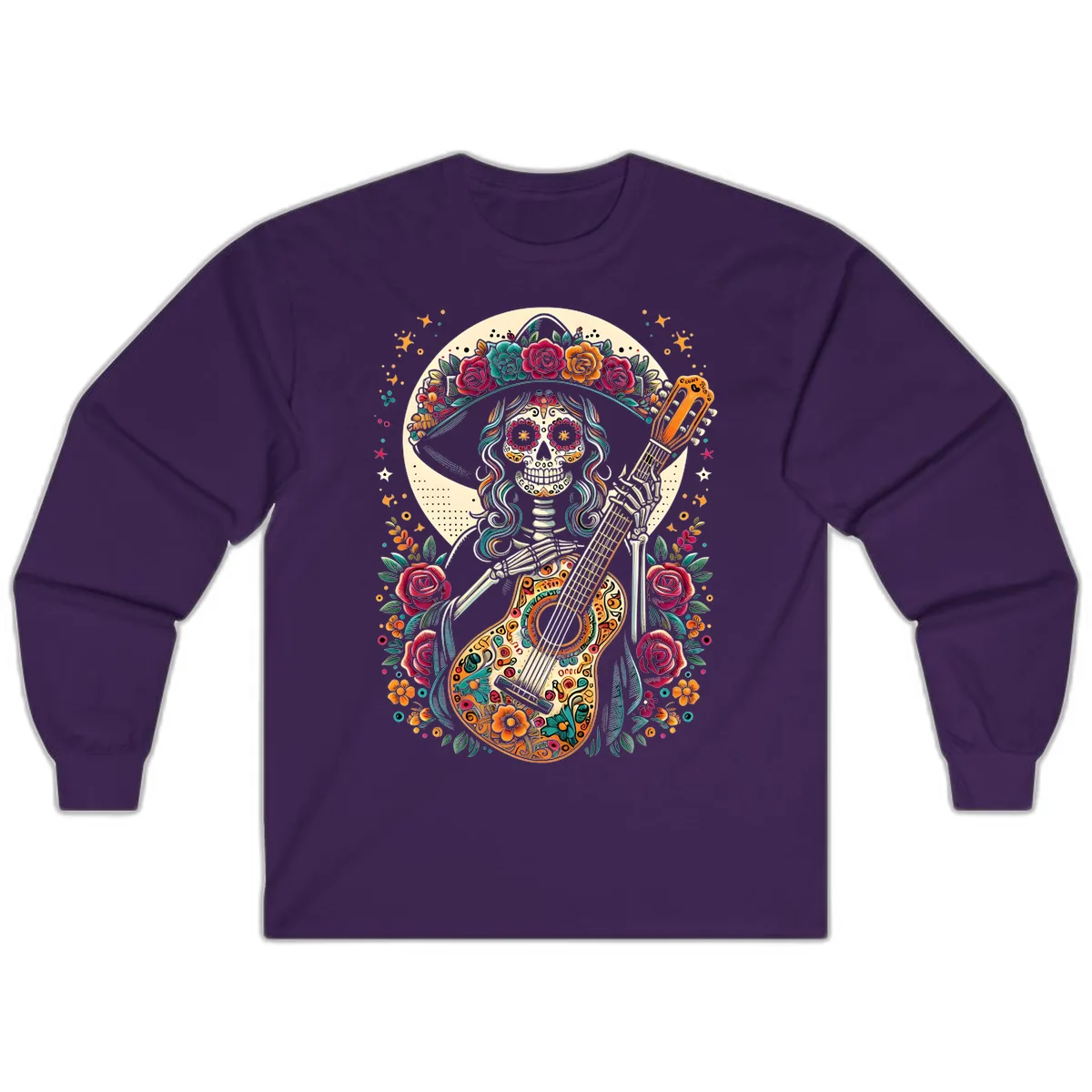 Calavera Guitarist with Floral Crown Long Sleeve in Purple
