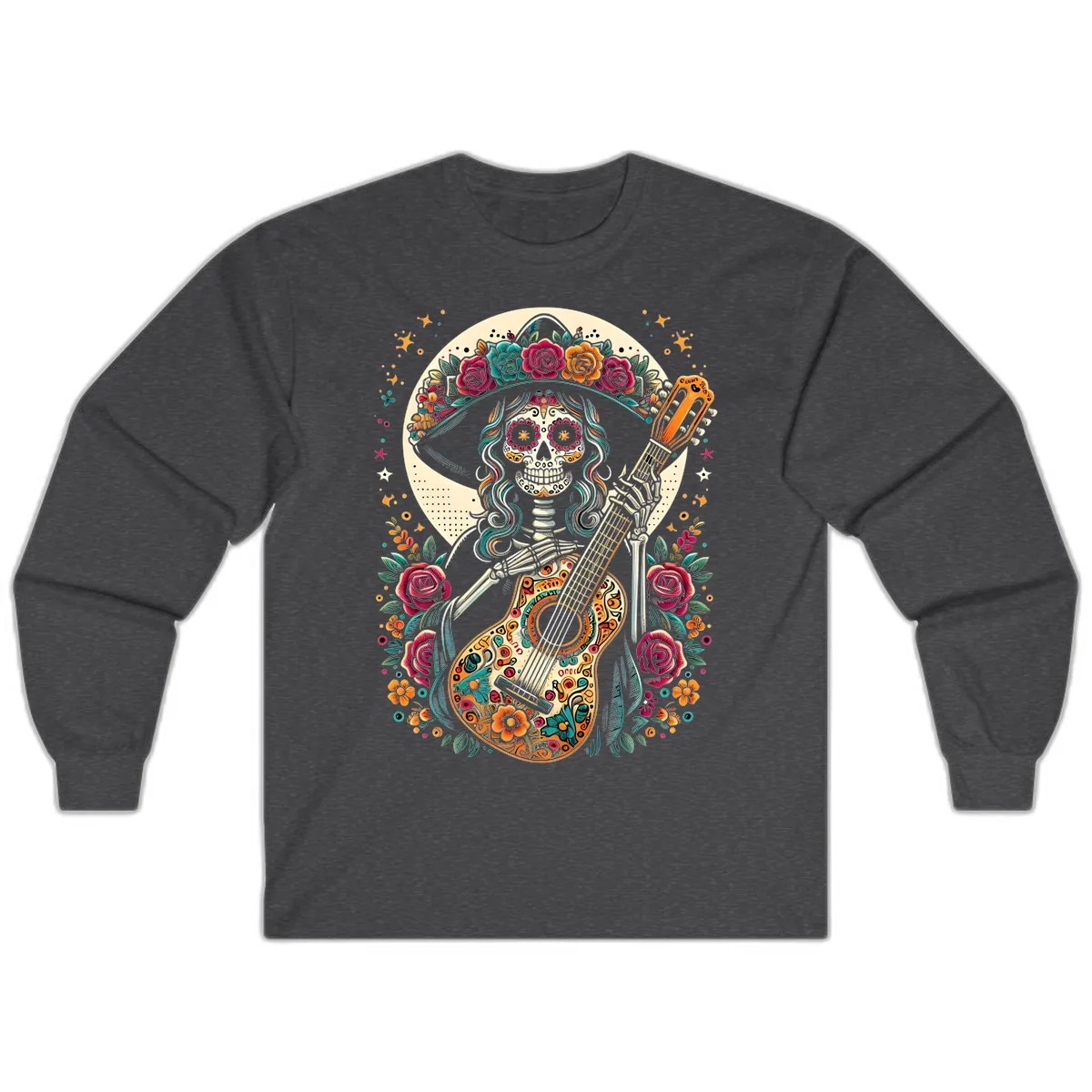 Calavera Guitarist with Floral Crown Long Sleeve in Dark Heather