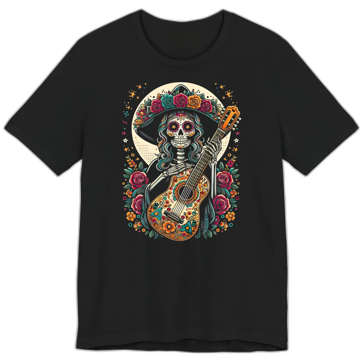 Calavera Guitarist with Floral Crown Premium T-Shirt in Black