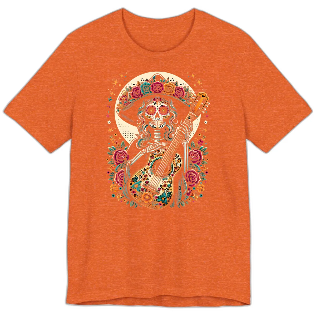 Calavera Guitarist with Floral Crown Premium T-Shirt in Heather Orange