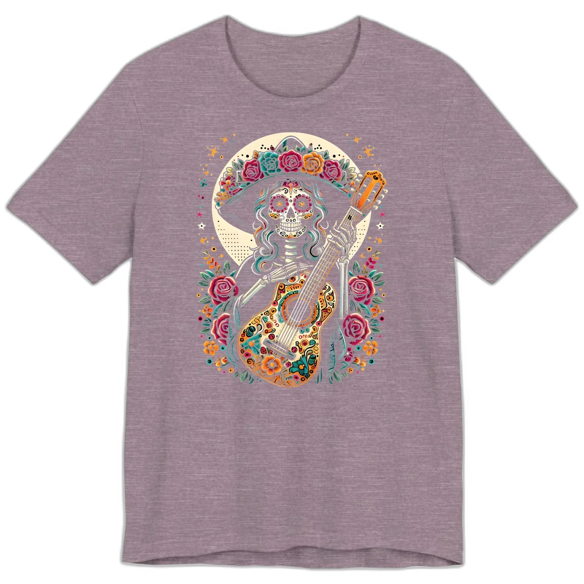 Calavera Guitarist with Floral Crown Premium T-Shirt in Heather Purple