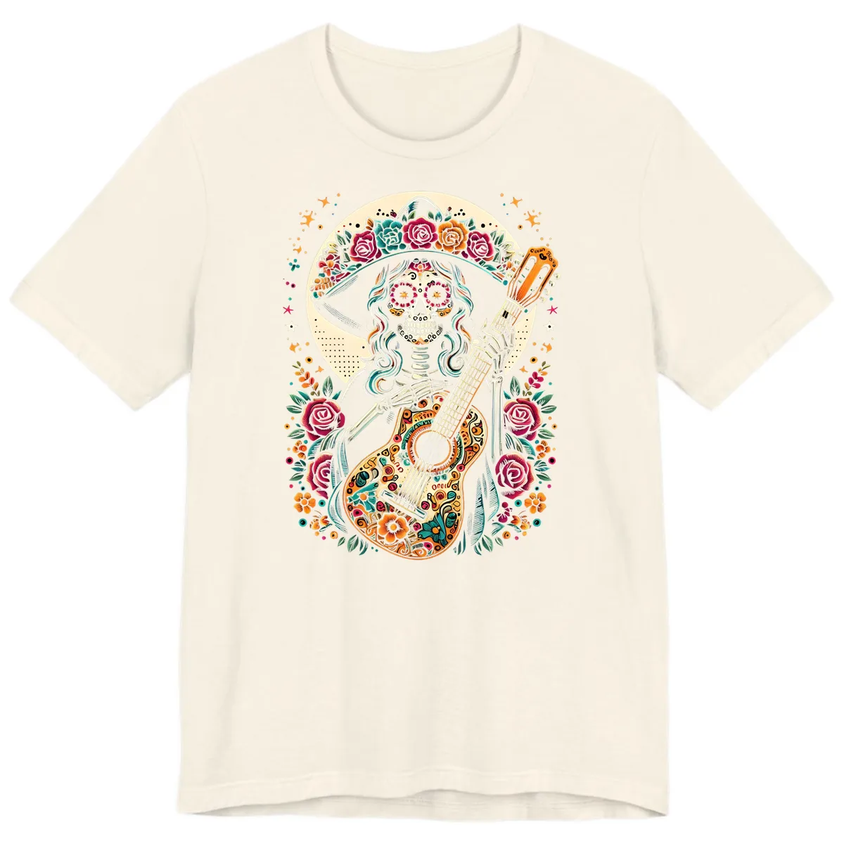 Calavera Guitarist with Floral Crown Premium T-Shirt in Natural