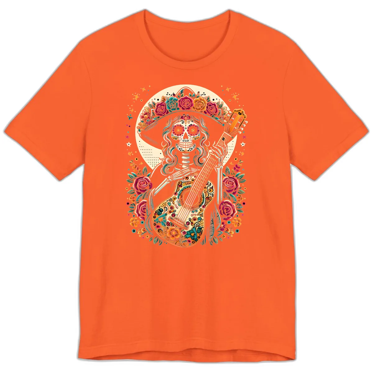 Calavera Guitarist with Floral Crown Premium T-Shirt in Orange