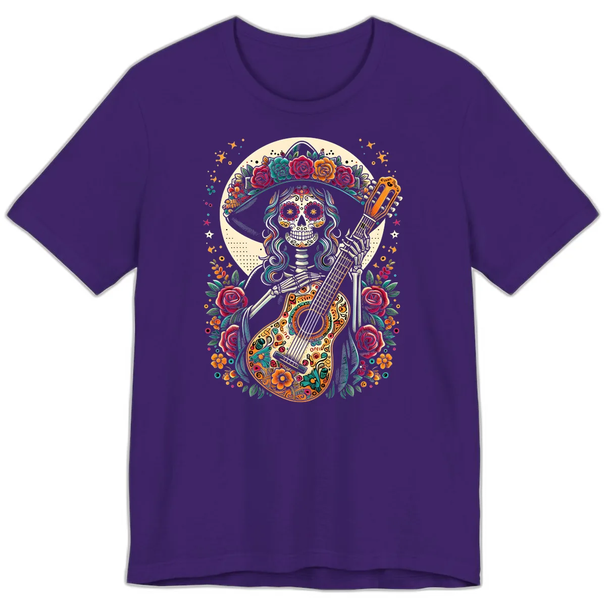 Calavera Guitarist with Floral Crown Premium T-Shirt in Team Purple