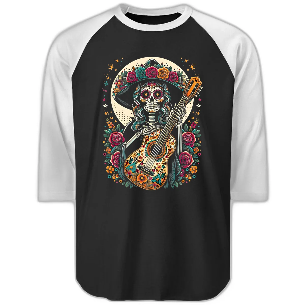Calavera Guitarist with Floral Crown Raglan 3/4 in Black White