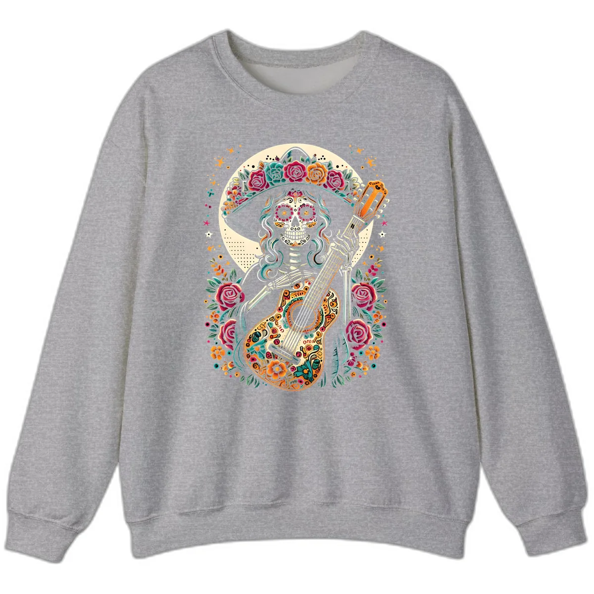 Calavera Guitarist with Floral Crown Sweatshirt in Sport Grey