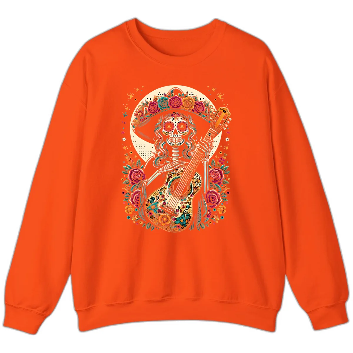 Calavera Guitarist with Floral Crown Sweatshirt in Orange