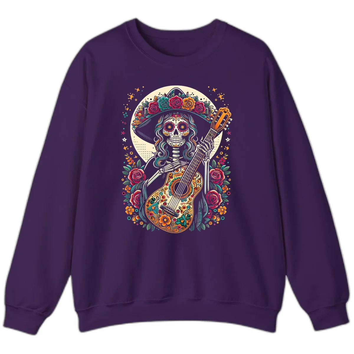 Calavera Guitarist with Floral Crown Sweatshirt in Purple