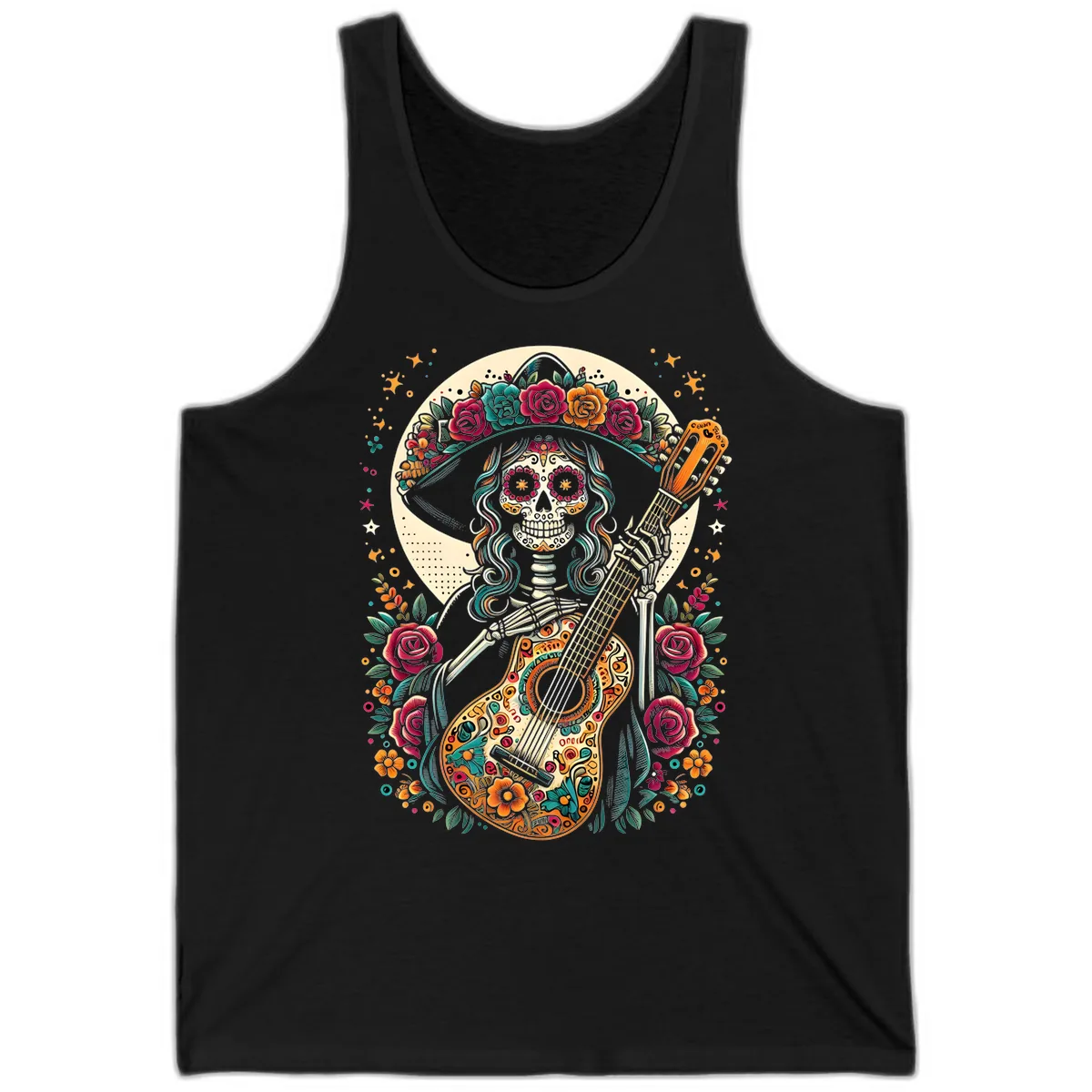 Calavera Guitarist with Floral Crown Tank in Black