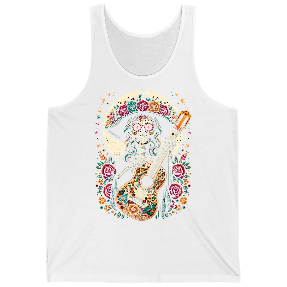 Calavera Guitarist with Floral Crown Tank in White