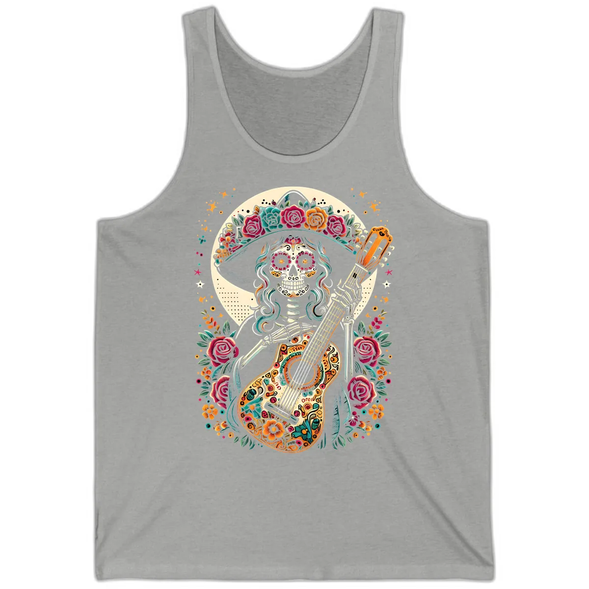 Calavera Guitarist with Floral Crown Tank in Athletic Heather