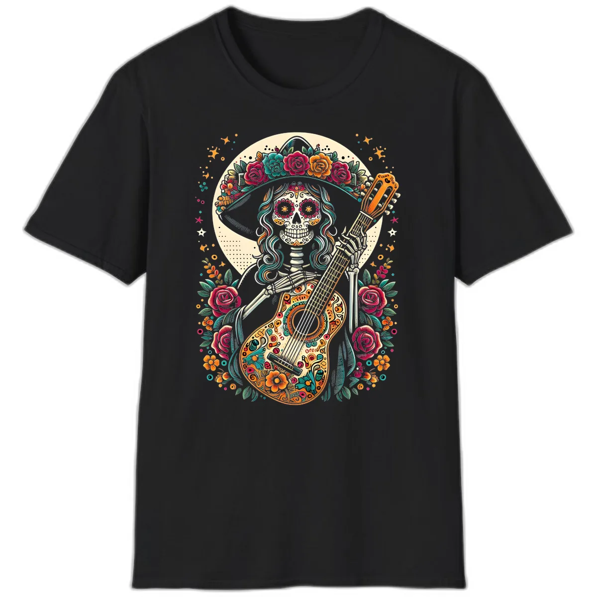 Calavera Guitarist with Floral Crown T-Shirt in Black