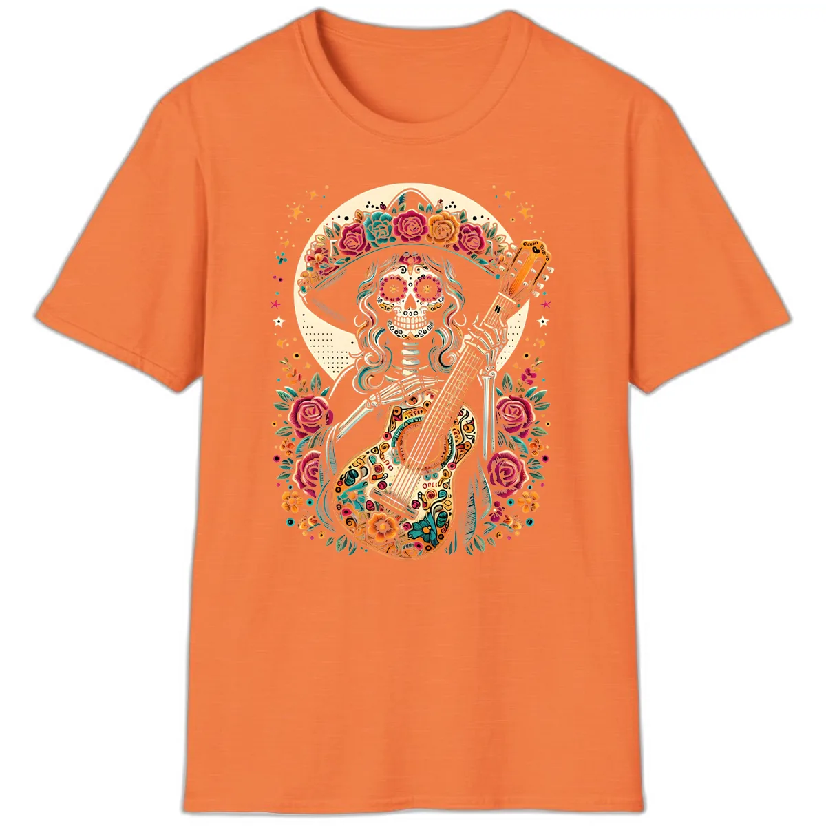Calavera Guitarist with Floral Crown T-Shirt in Heather Orange