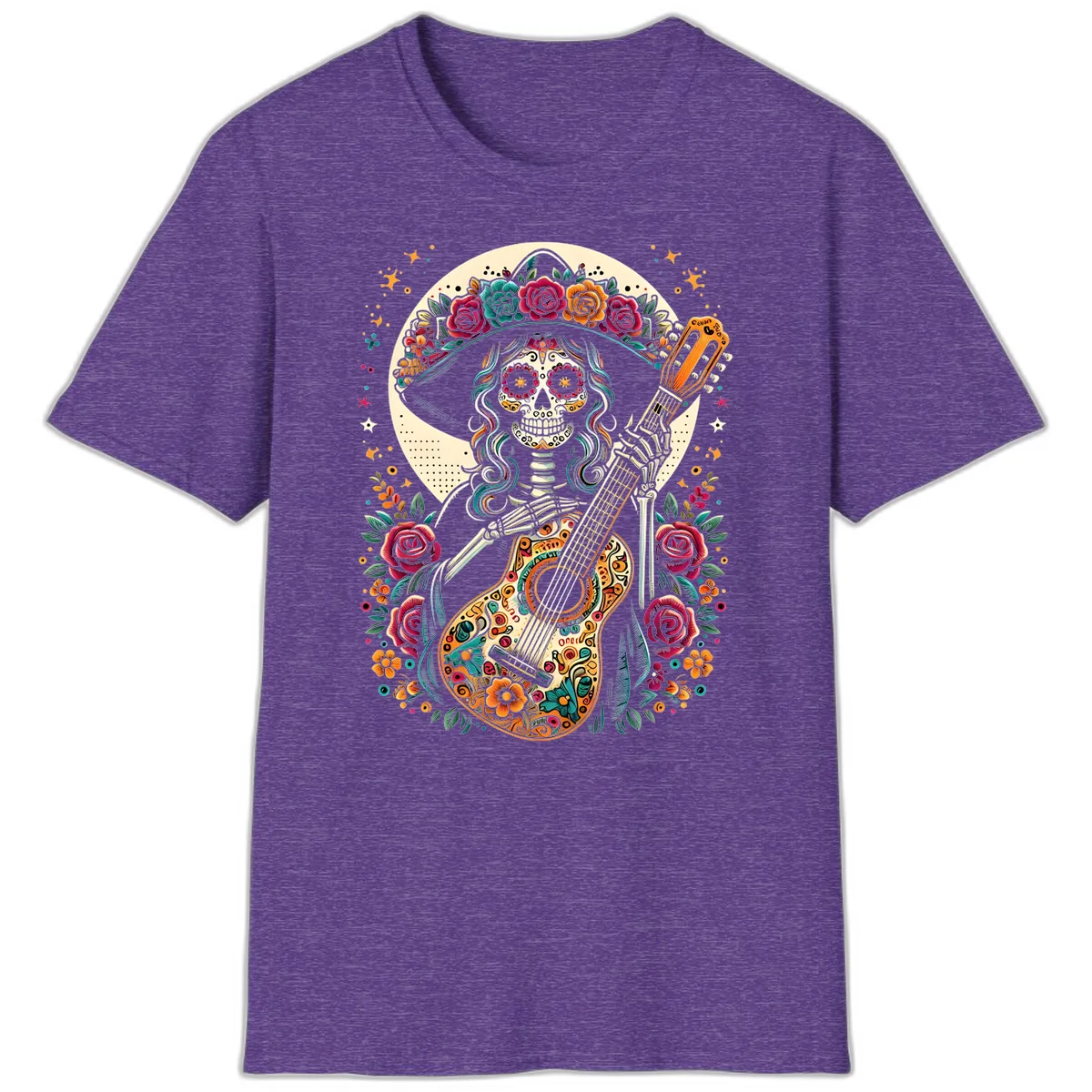 Calavera Guitarist with Floral Crown T-Shirt in Heather Purple