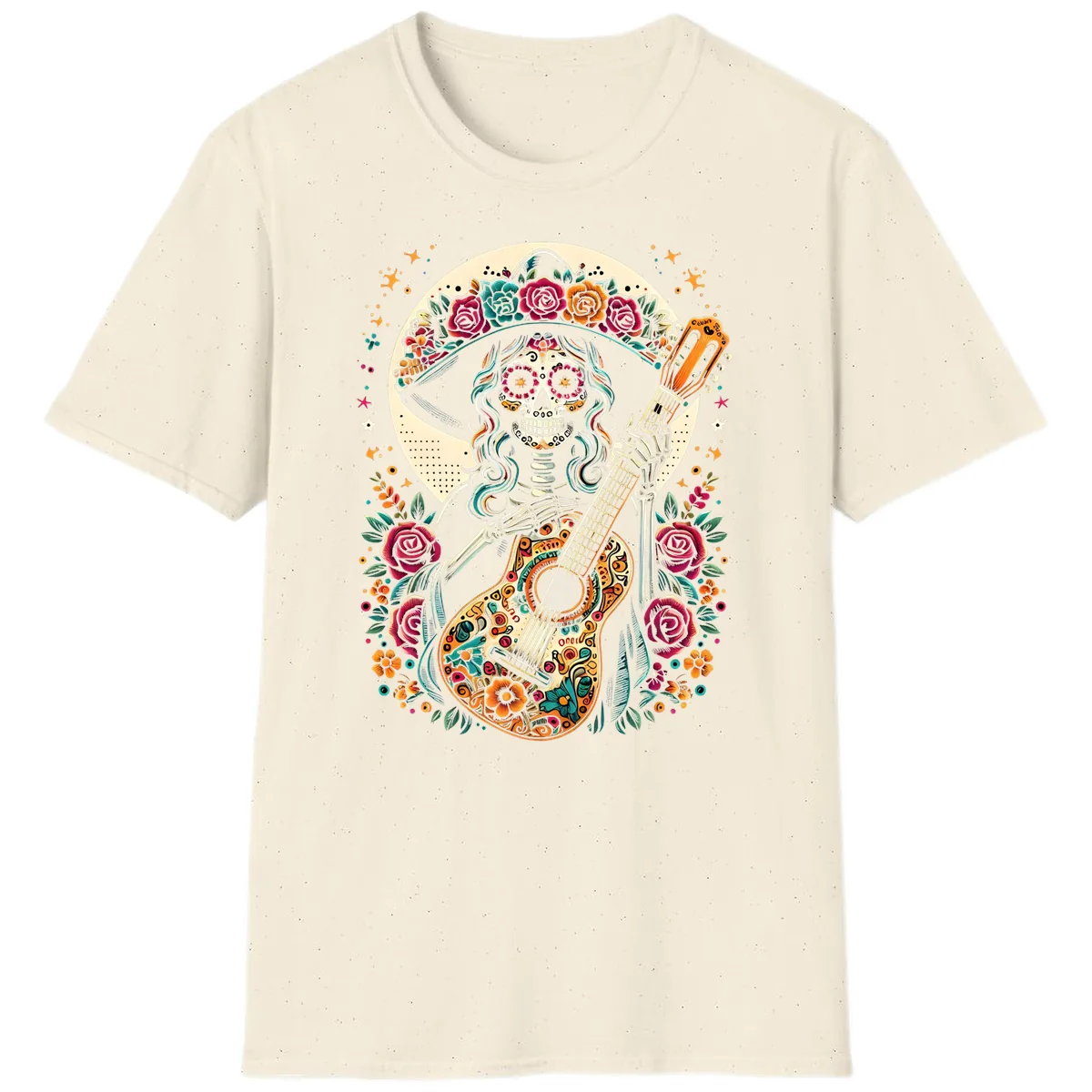 Calavera Guitarist with Floral Crown T-Shirt in Natural
