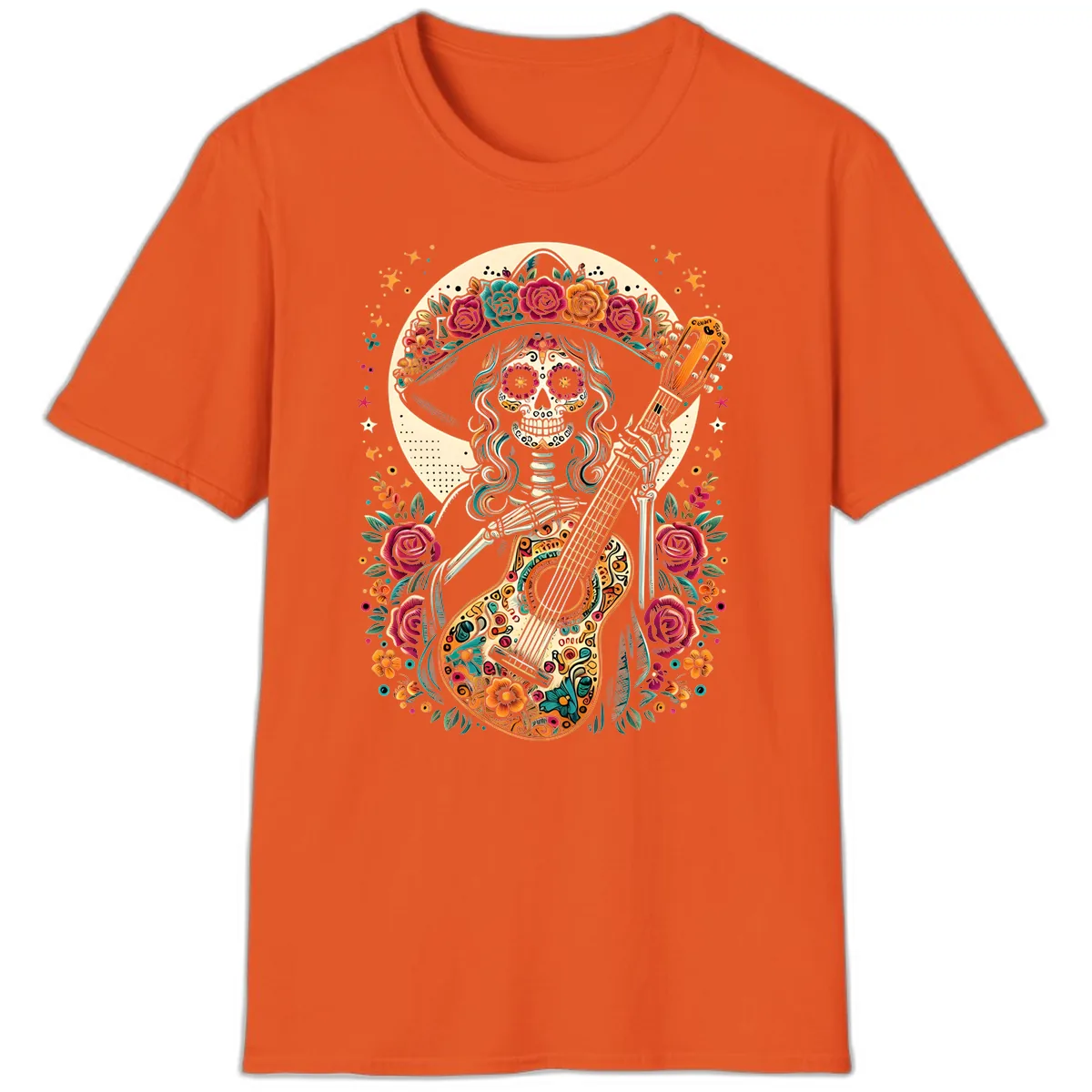 Calavera Guitarist with Floral Crown T-Shirt in Orange