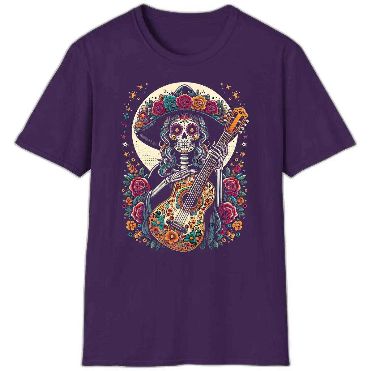 Calavera Guitarist with Floral Crown T-Shirt in Purple