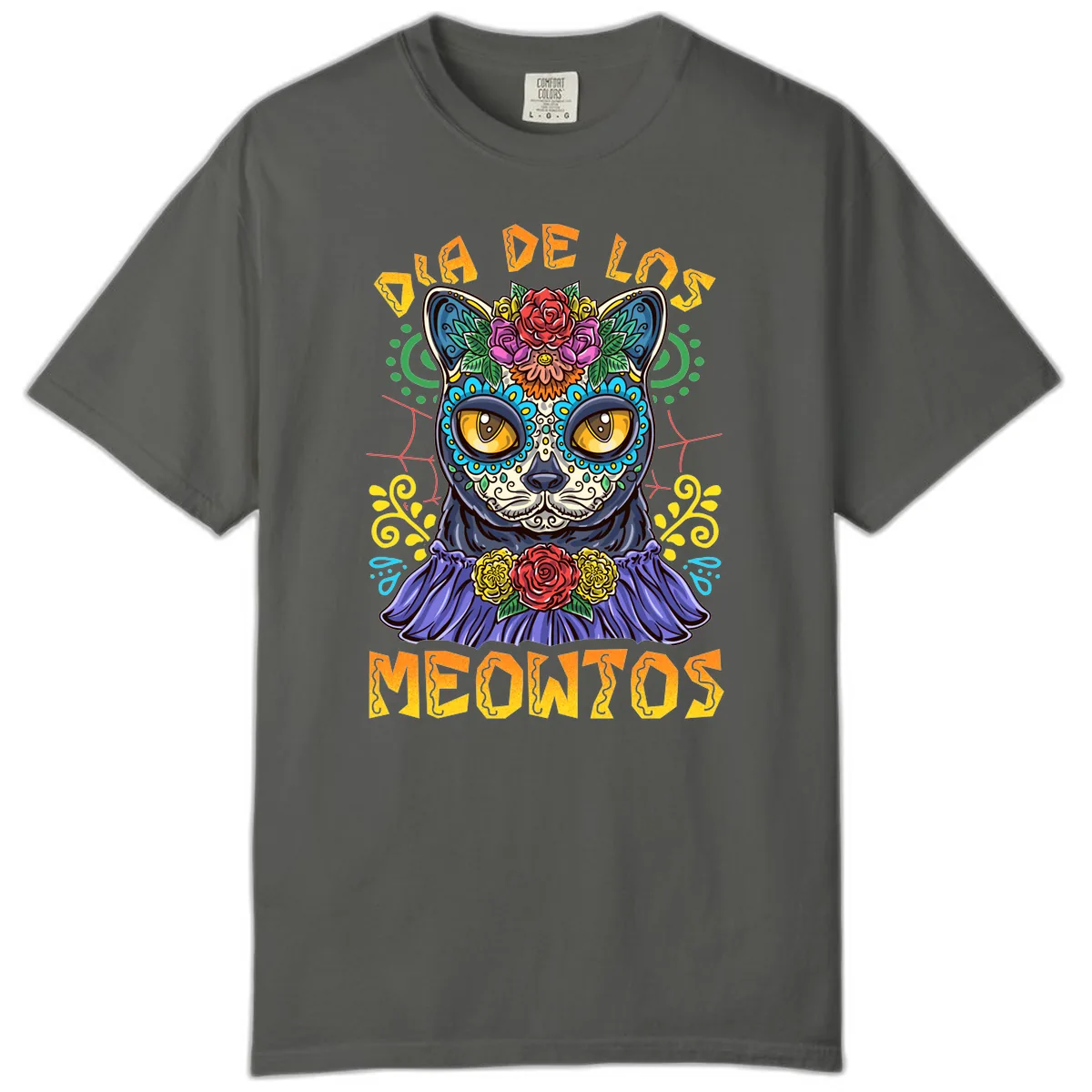 Día de los Meowtos Sugar Skull Cat Comfort Color in Pepper