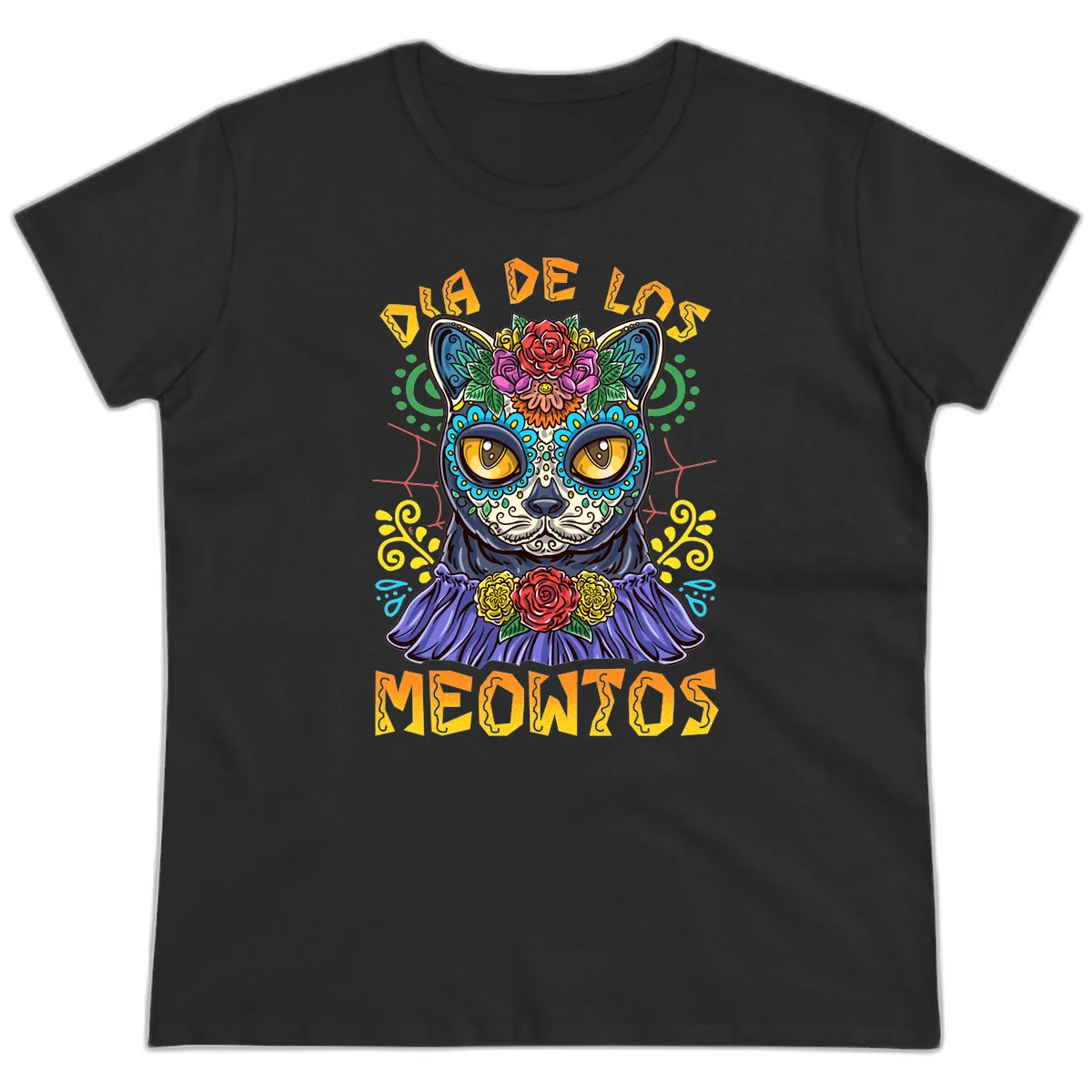 Día de los Meowtos Sugar Skull Cat Ladies Tee in Black