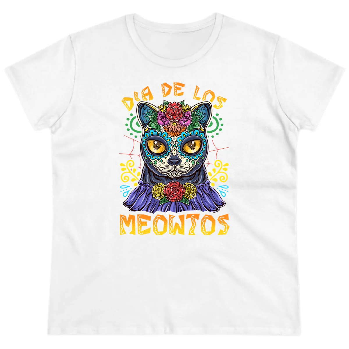 Día de los Meowtos Sugar Skull Cat Ladies Tee in White