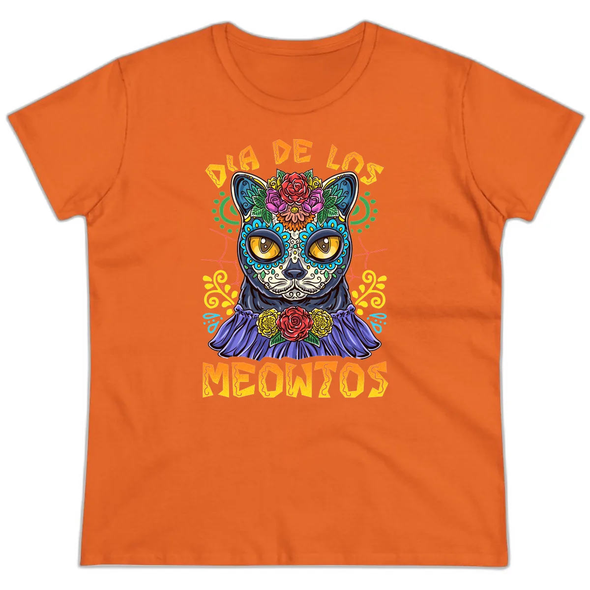 Día de los Meowtos Sugar Skull Cat Ladies Tee in Orange