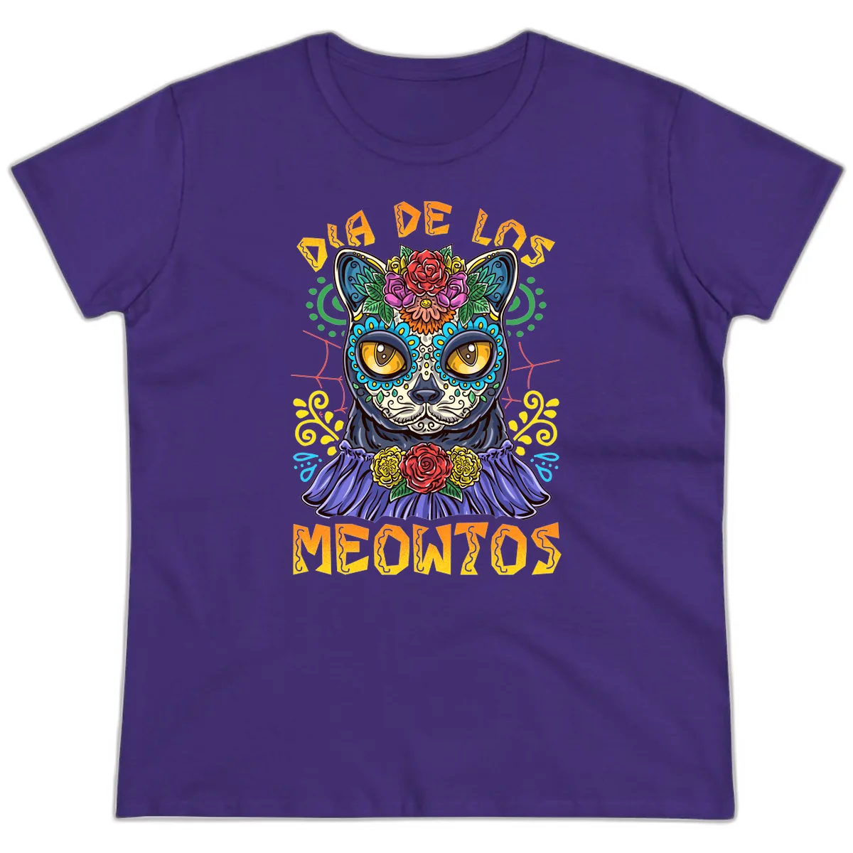 Día de los Meowtos Sugar Skull Cat Ladies Tee in Purple