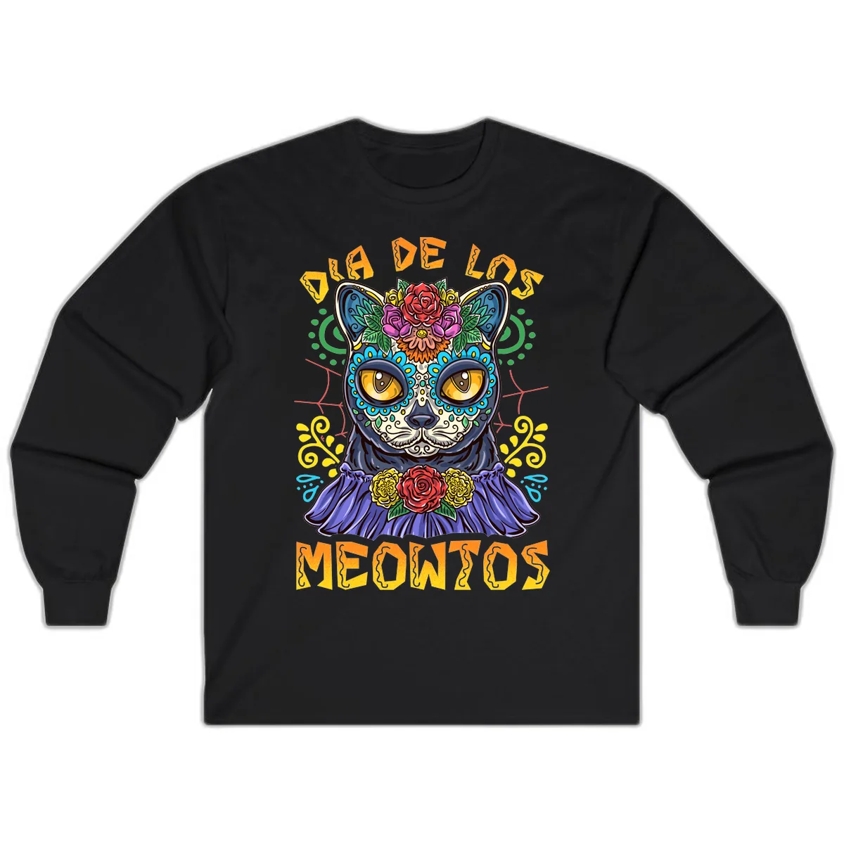 Día de los Meowtos Sugar Skull Cat Long Sleeve in Black
