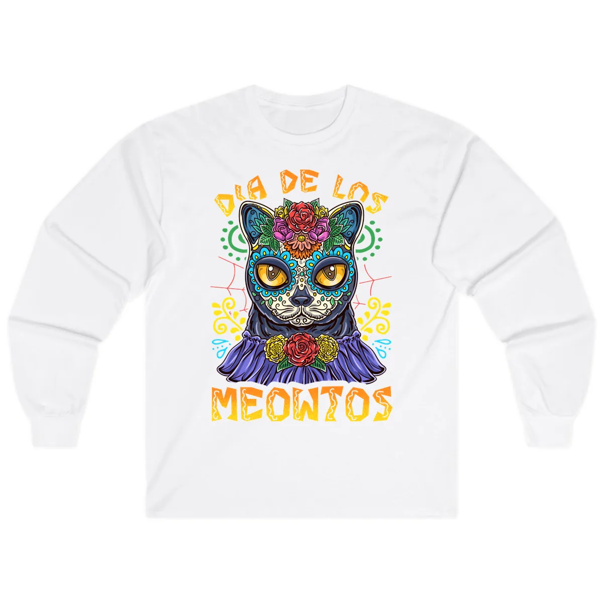 Día de los Meowtos Sugar Skull Cat Long Sleeve in White