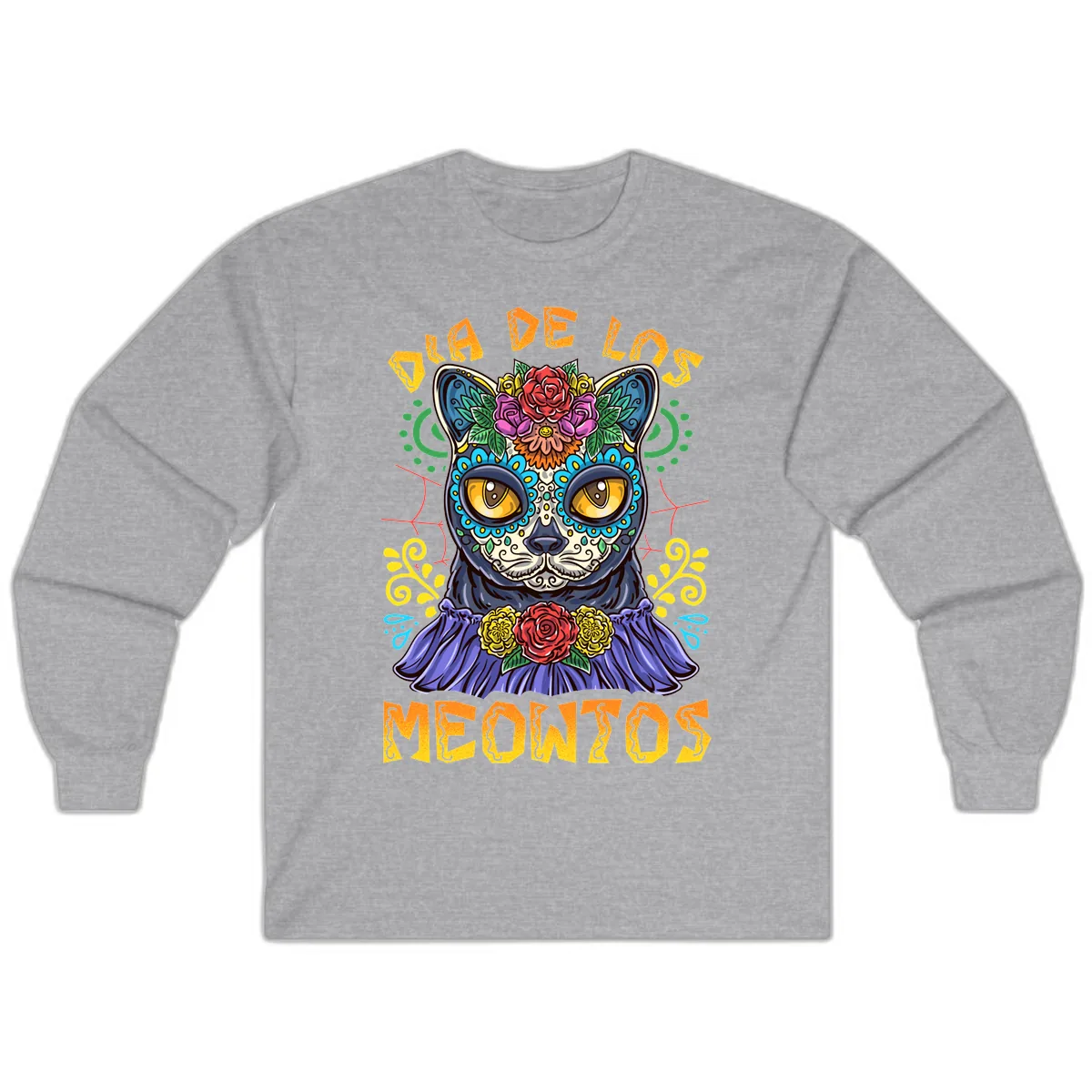 Día de los Meowtos Sugar Skull Cat Long Sleeve in Sport Grey