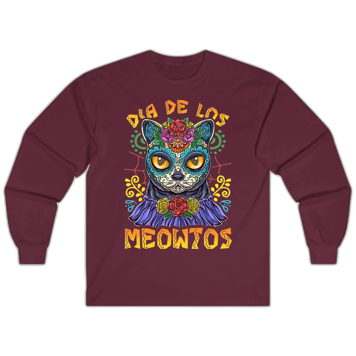 Día de los Meowtos Sugar Skull Cat Long Sleeve in Maroon