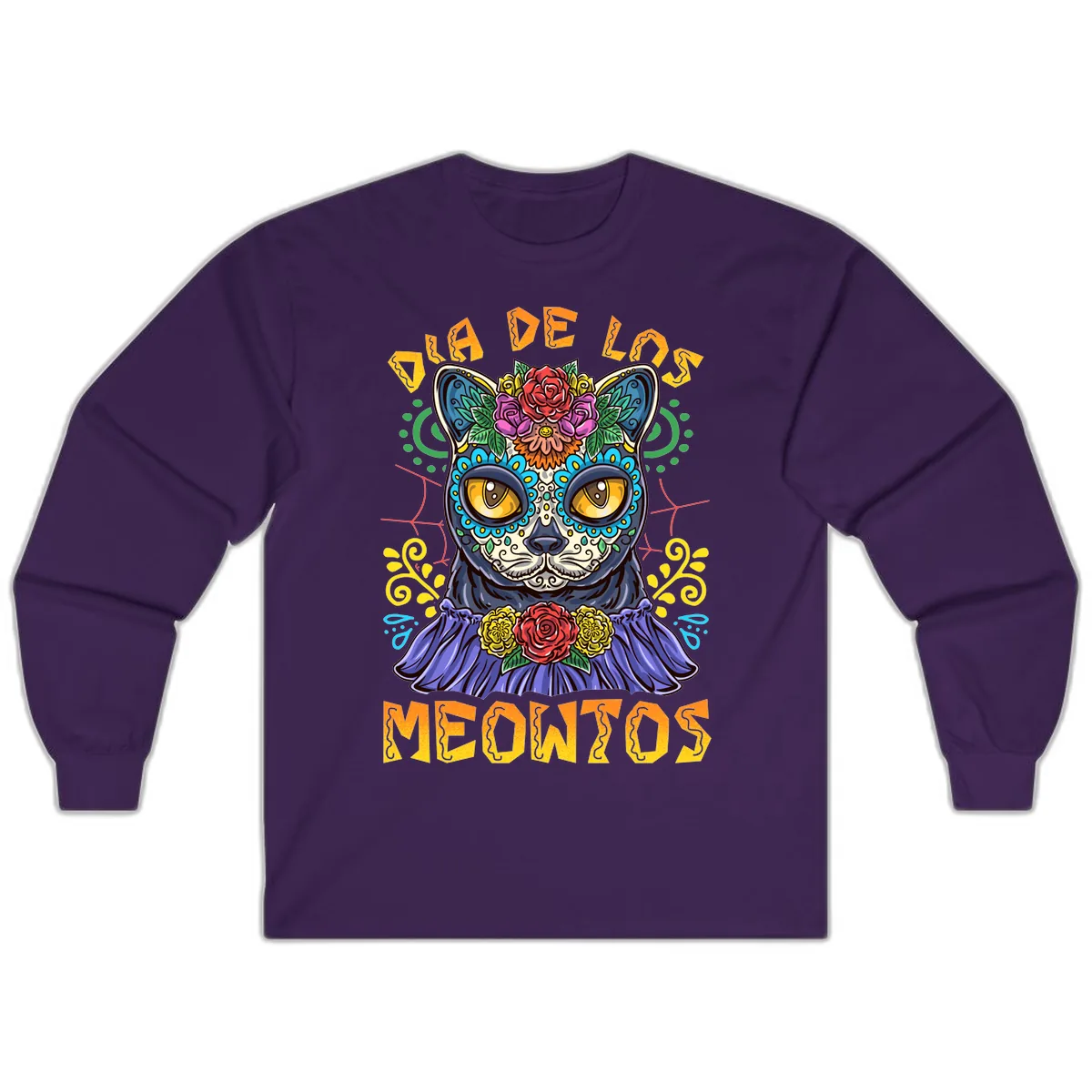 Día de los Meowtos Sugar Skull Cat Long Sleeve in Purple