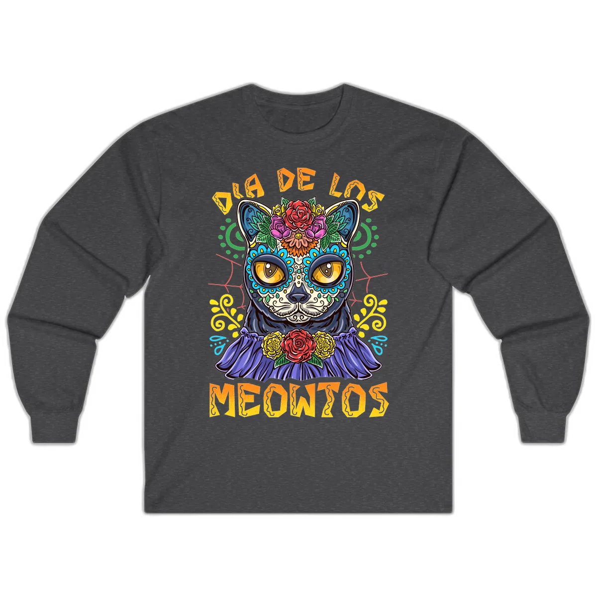 Día de los Meowtos Sugar Skull Cat Long Sleeve in Dark Heather