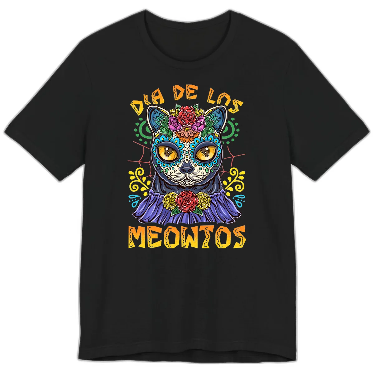 Día de los Meowtos Sugar Skull Cat Premium T-Shirt in Black