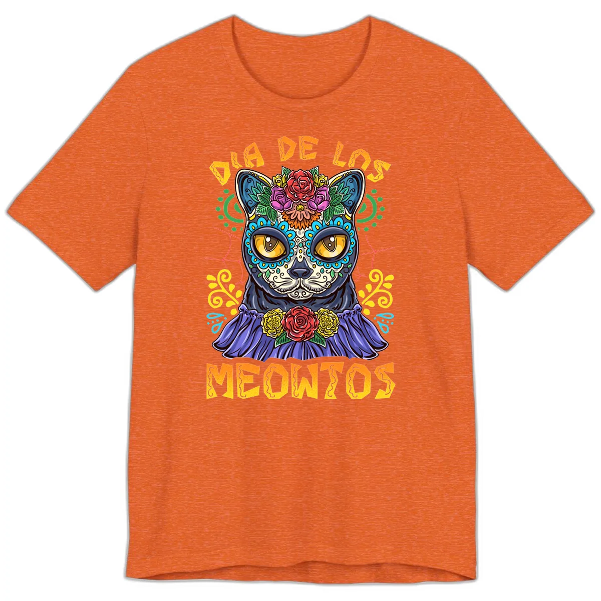 Día de los Meowtos Sugar Skull Cat Premium T-Shirt in Heather Orange