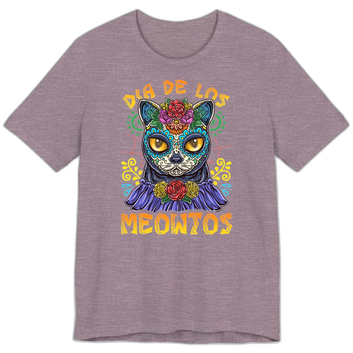 Día de los Meowtos Sugar Skull Cat Premium T-Shirt in Heather Purple