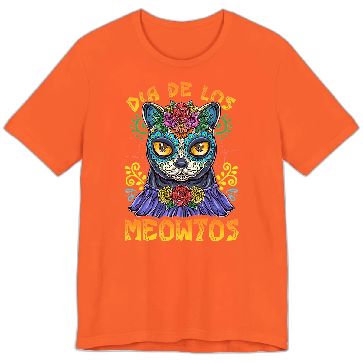 Día de los Meowtos Sugar Skull Cat Premium T-Shirt in Orange