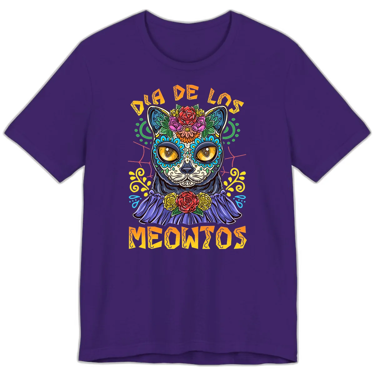 Día de los Meowtos Sugar Skull Cat Premium T-Shirt in Team Purple