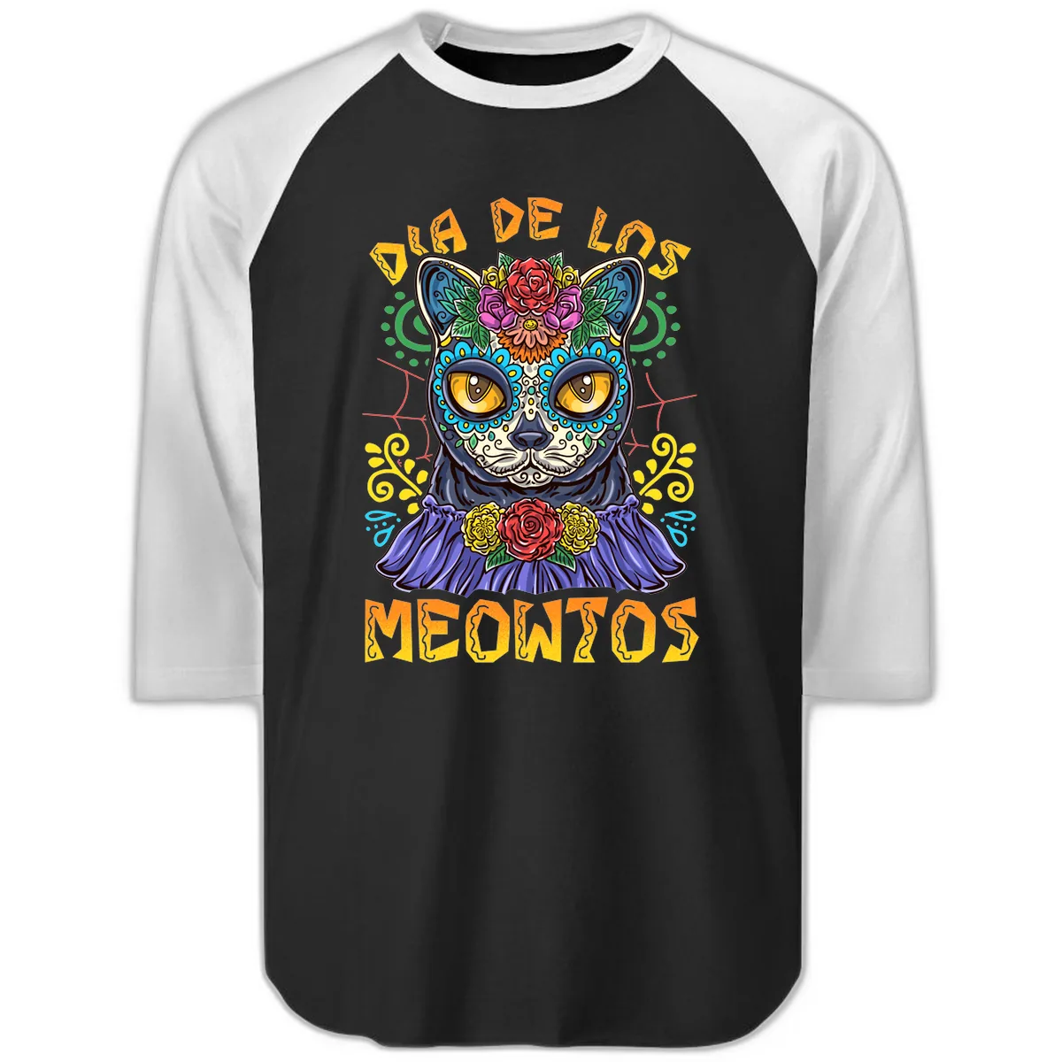 Día de los Meowtos Sugar Skull Cat Raglan 3/4 in Black White