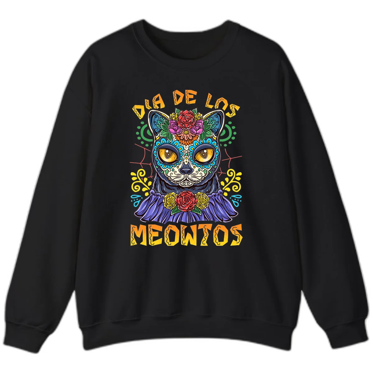 Día de los Meowtos Sugar Skull Cat Sweatshirt in Black