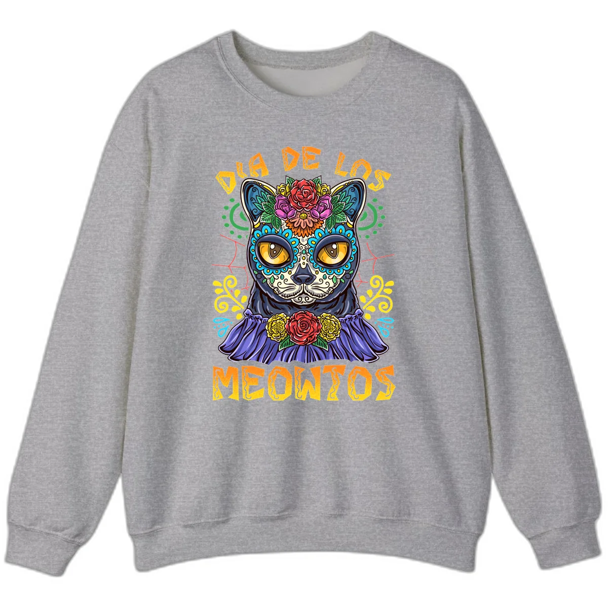 Día de los Meowtos Sugar Skull Cat Sweatshirt in Sport Grey