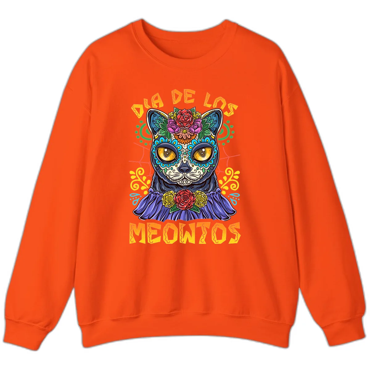 Día de los Meowtos Sugar Skull Cat Sweatshirt in Orange