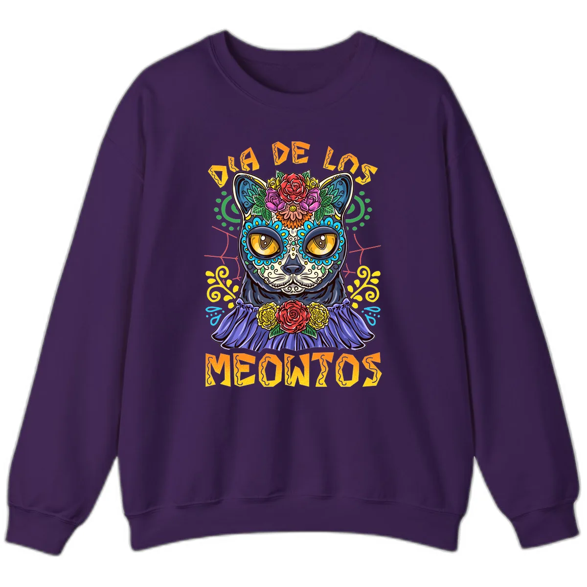 Día de los Meowtos Sugar Skull Cat Sweatshirt in Purple