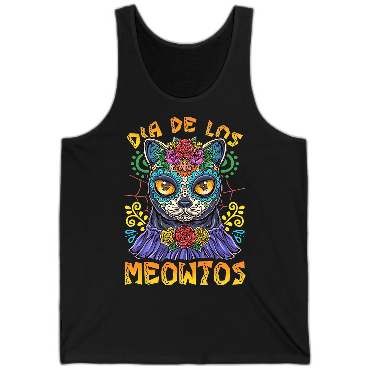 Día de los Meowtos Sugar Skull Cat Tank in Black