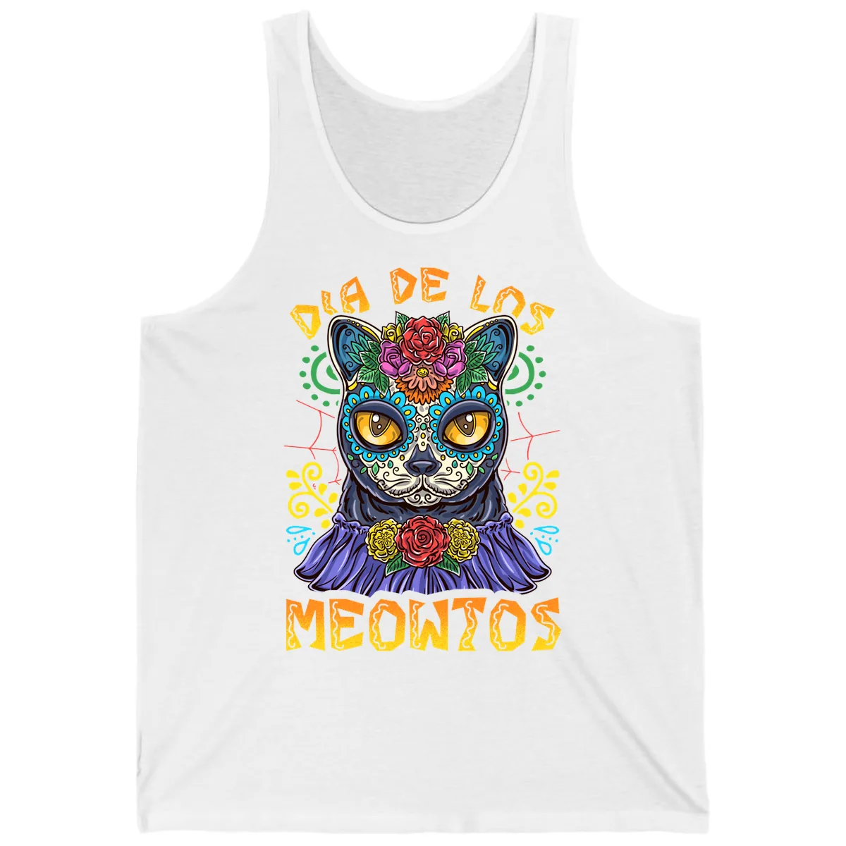 Día de los Meowtos Sugar Skull Cat Tank in White