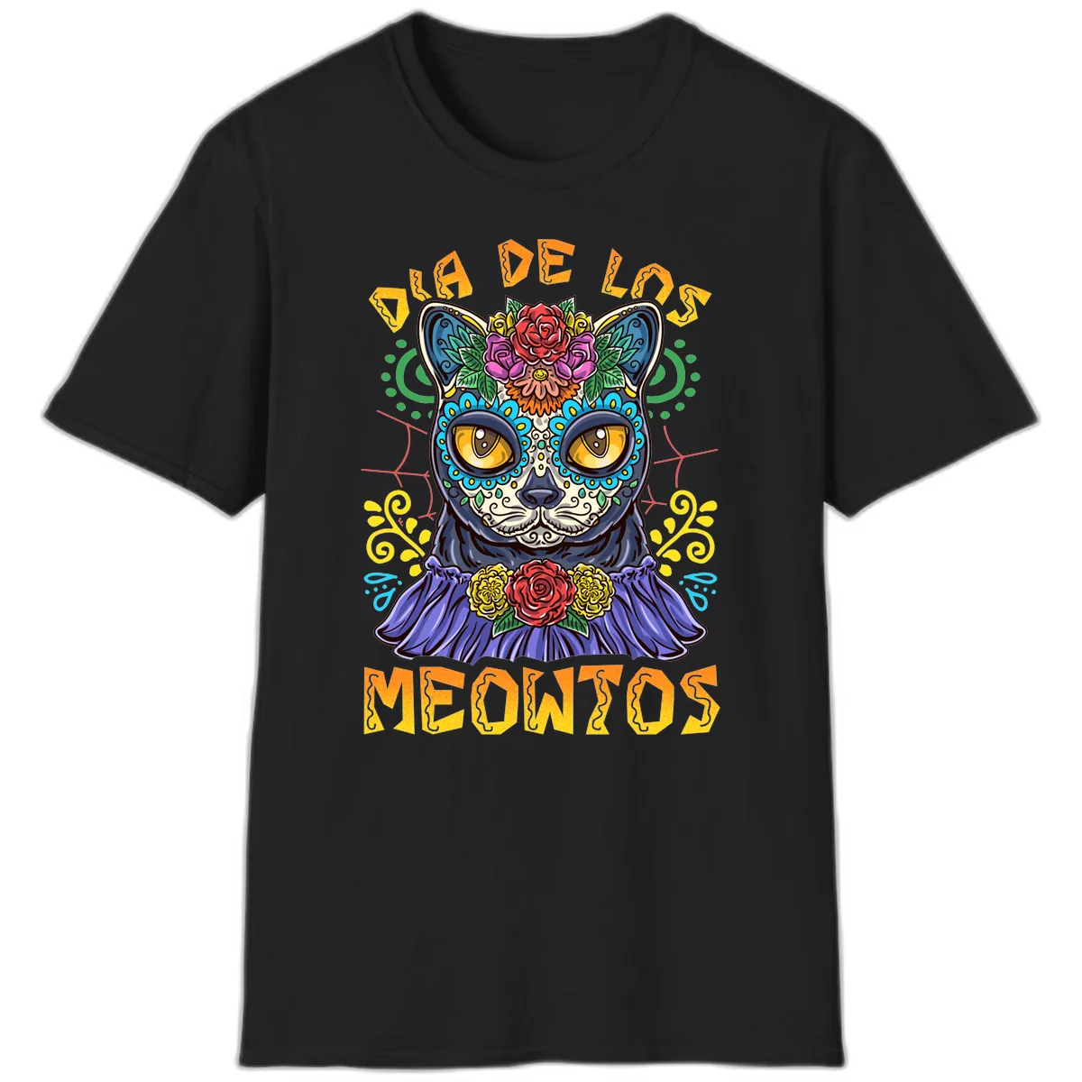 Día de los Meowtos Sugar Skull Cat T-Shirt in Black
