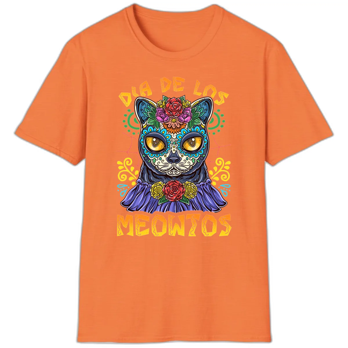 Día de los Meowtos Sugar Skull Cat T-Shirt in Heather Orange