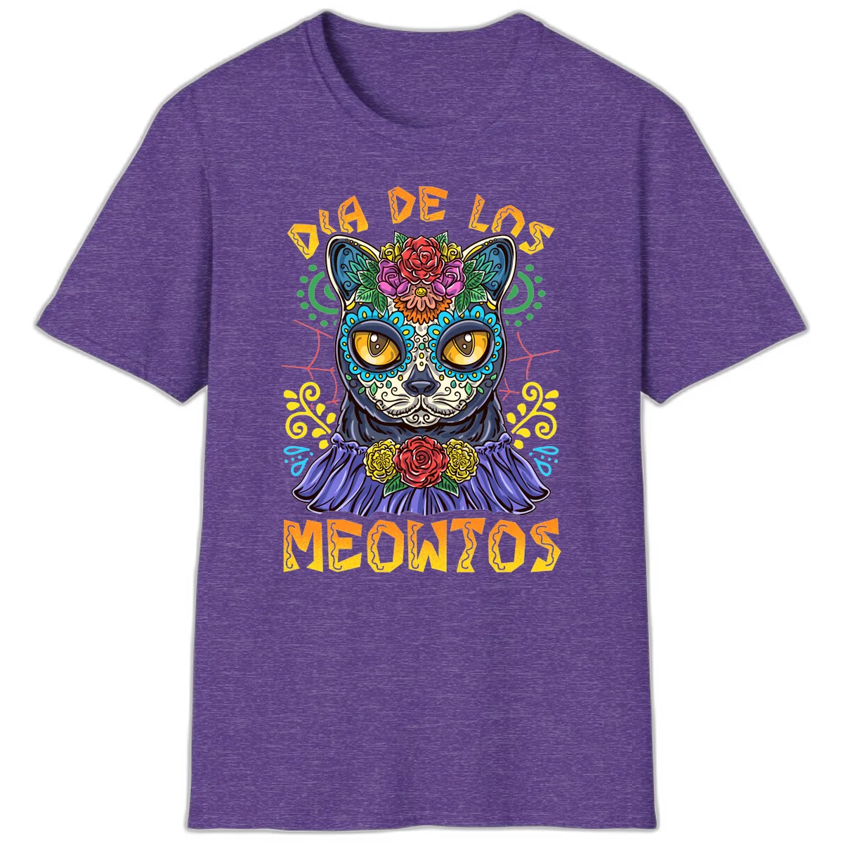 Día de los Meowtos Sugar Skull Cat T-Shirt in Heather Purple