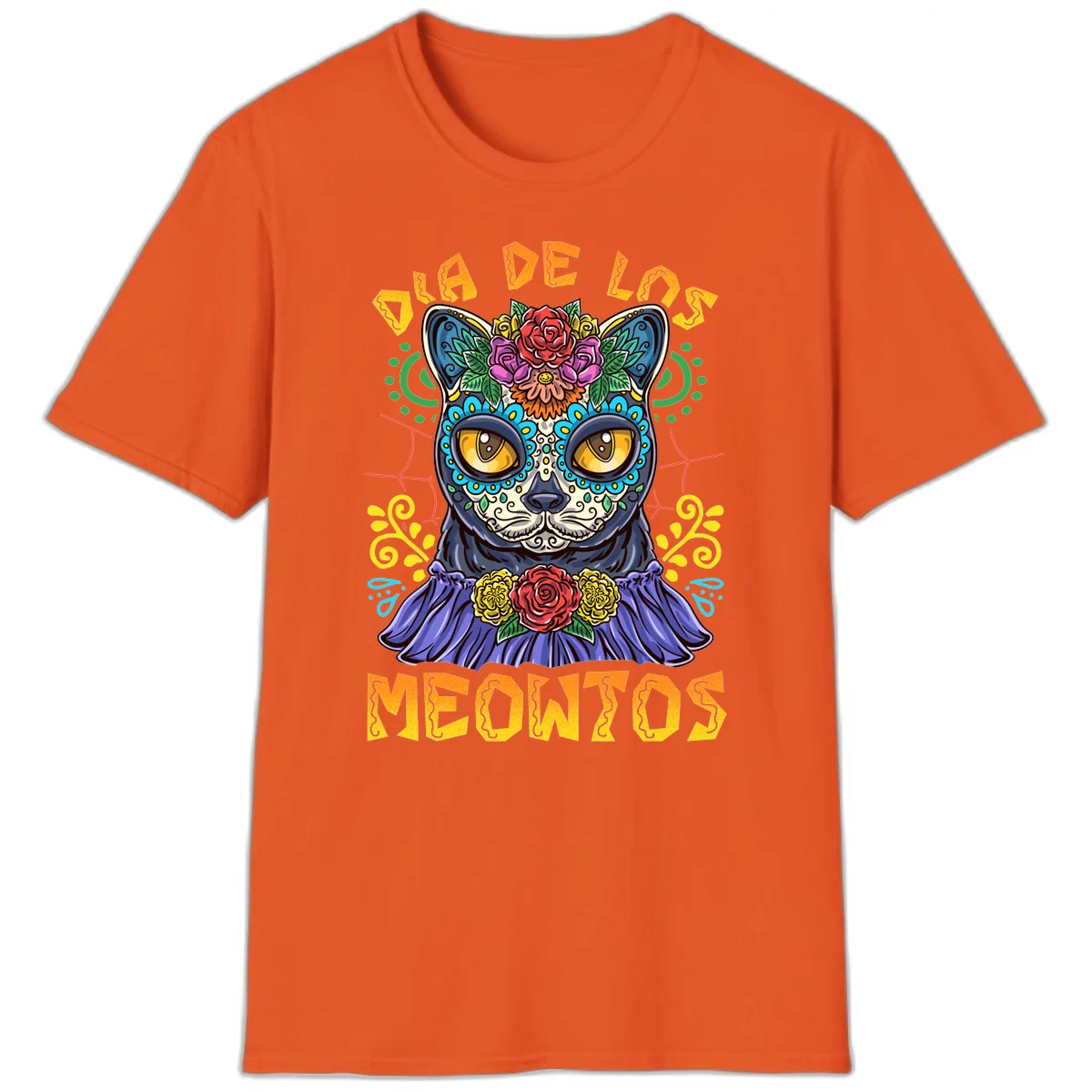 Día de los Meowtos Sugar Skull Cat T-Shirt in Orange